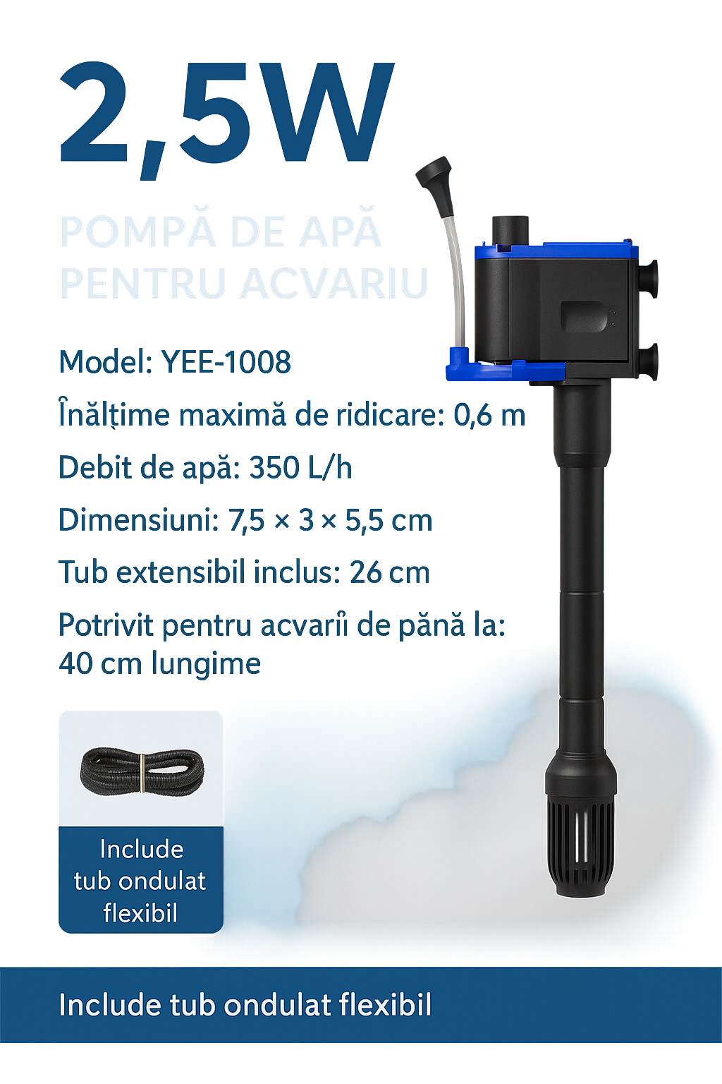 Pompa Acvariu YEE YQM‑1358 – 3 in 1: Circulatie, Oxigenare, Wave Maker, 35W, Silentioasa, Submersibila