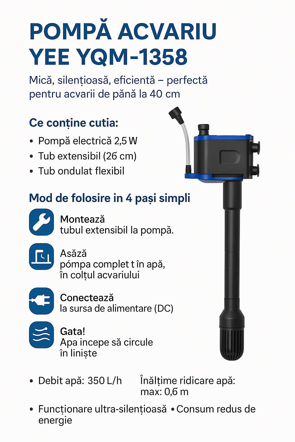 Pompa Acvariu YEE YQM‑1358 – 3 in 1: Circulatie, Oxigenare, Wave Maker, 35W, Silentioasa, Submersibila
