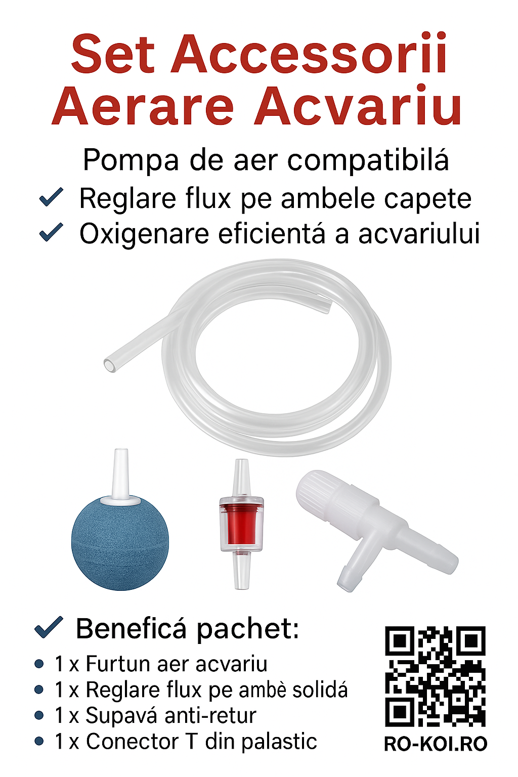 Set accesorii aerare acvariu – oxigenare optima cu pompa aer, piatra difuzor, supapa anti-retur si conector T | Compatibil 4/6 mm