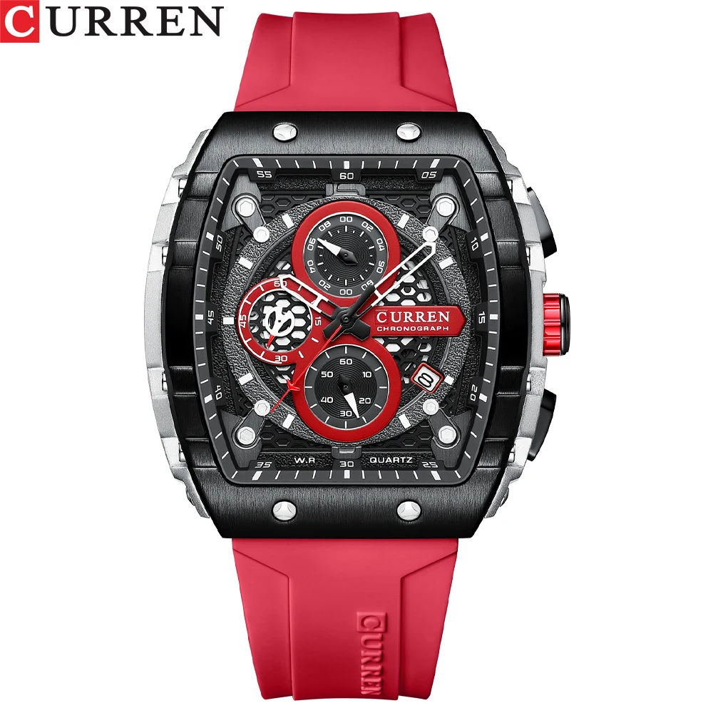 Ceas Barbati CURREN 8442, Cronograf Quartz, Cadran Patrat, Curea Silicon Premium, Afisaj Zi/Data, Rezistenta la Apa 3ATM, Negru/rosu+Cutie cadou