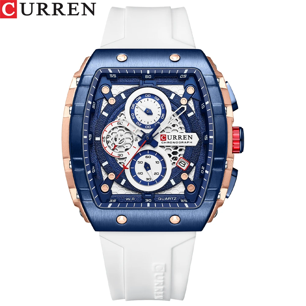 Ceas Barbati CURREN 8442, Cronograf Quartz, Cadran Patrat, Curea Silicon Premium, Afisaj Zi/Data, Rezistenta la Apa 3ATM, Albastru/alb+Cutie cadou
