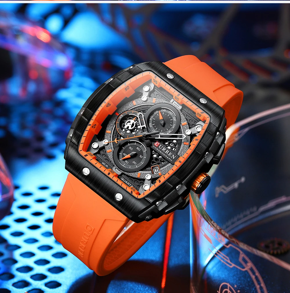 Ceas barbatesc Curren 8442 Orange – cronograf sport | Quartz japonez | Curea silicon | Design robust si elegant