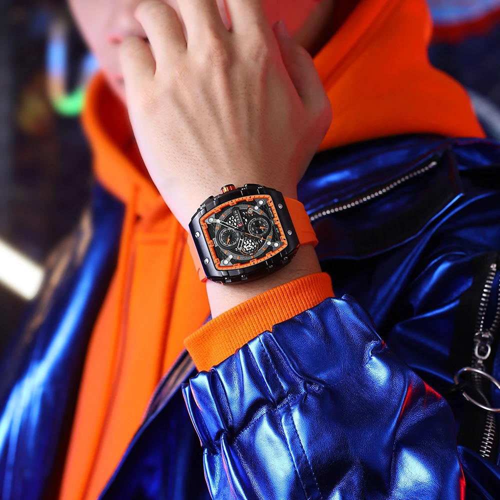 Ceas barbatesc Curren 8442 Orange – cronograf sport | Quartz japonez | Curea silicon | Design robust si elegant
