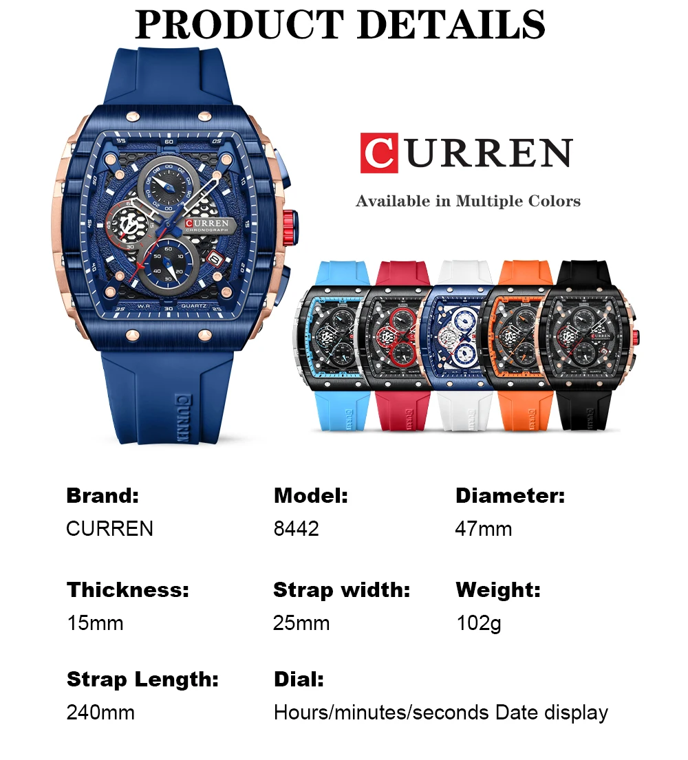 Ceas barbatesc Curren 8442 Orange – cronograf sport | Quartz japonez | Curea silicon | Design robust si elegant