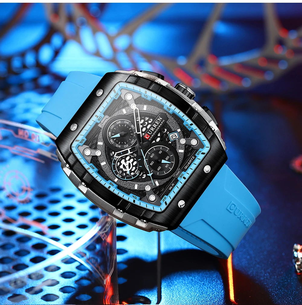 Ceas barbatesc Curren 8442 Blue Marine – cronograf sport | Quartz japonez | Curea silicon vibranta | Design robust si elegant