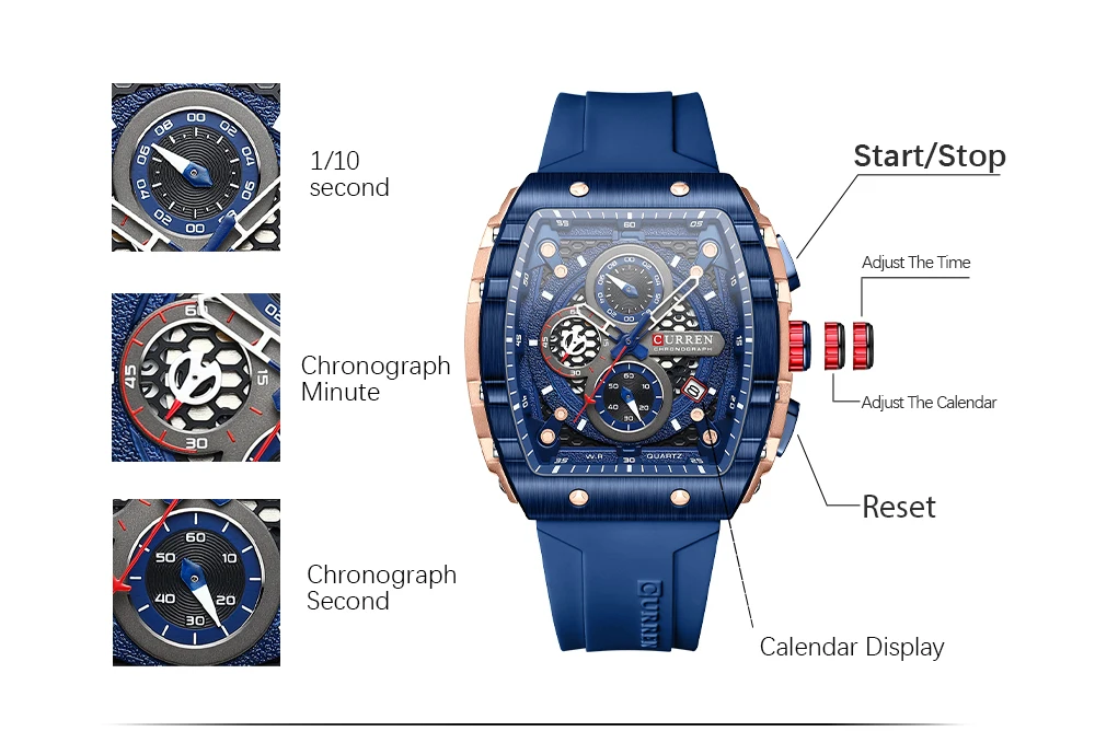 Ceas barbatesc Curren 8442 Blue Marine – cronograf sport | Quartz japonez | Curea silicon vibranta | Design robust si elegant