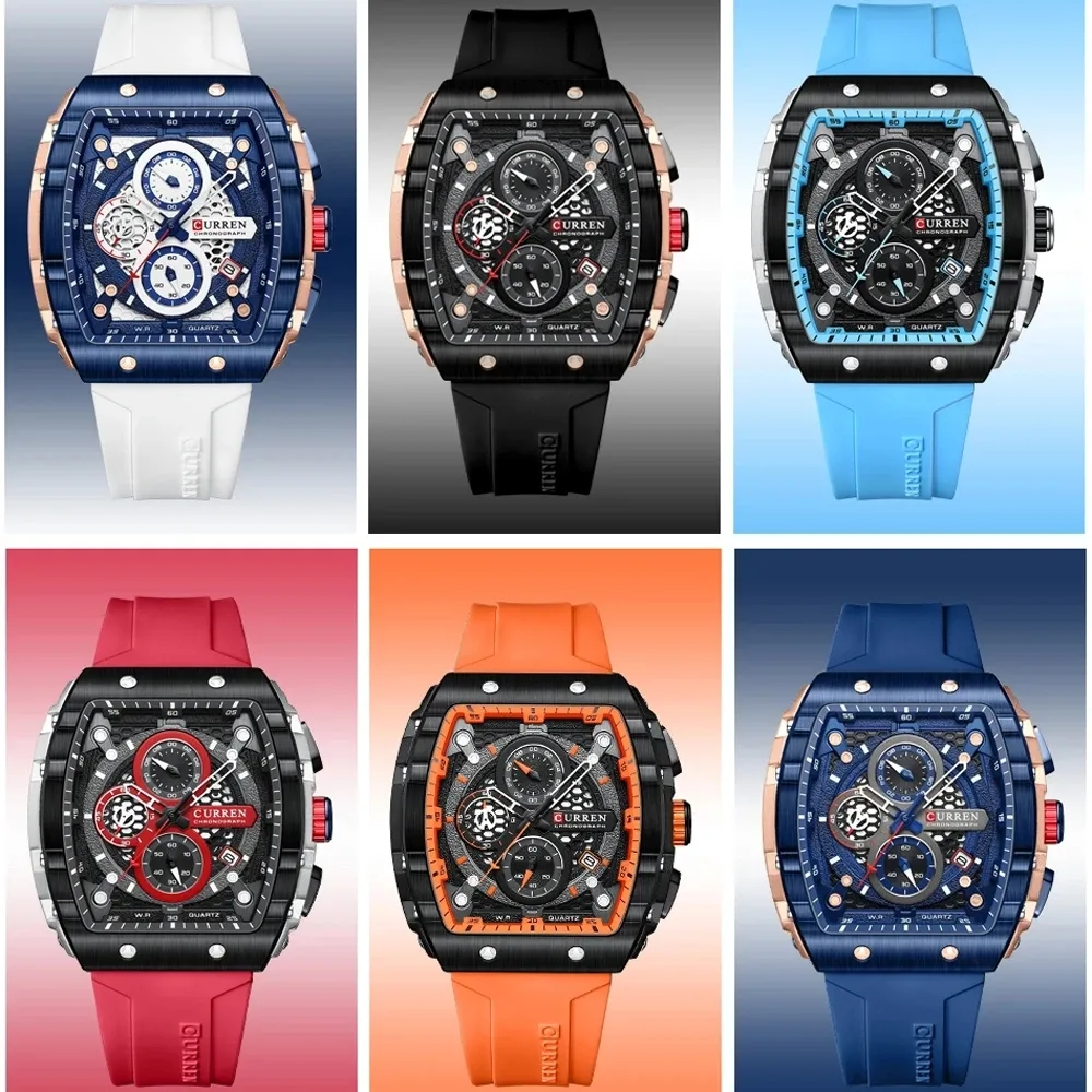 Ceas Barbati CURREN 8442, Cronograf Quartz, Cadran Patrat, Curea Silicon Premium, Afisaj Zi/Data, Rezistenta la Apa 3ATM, Albastru/albastru+Cutie cadou