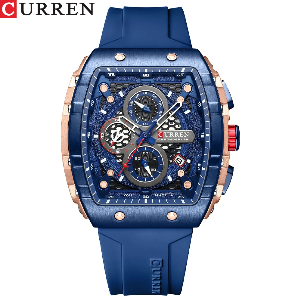Ceas Barbati CURREN 8442, Cronograf Quartz, Cadran Patrat, Curea Silicon Premium, Afisaj Zi/Data, Rezistenta la Apa 3ATM, Albastru/albastru+Cutie cadou