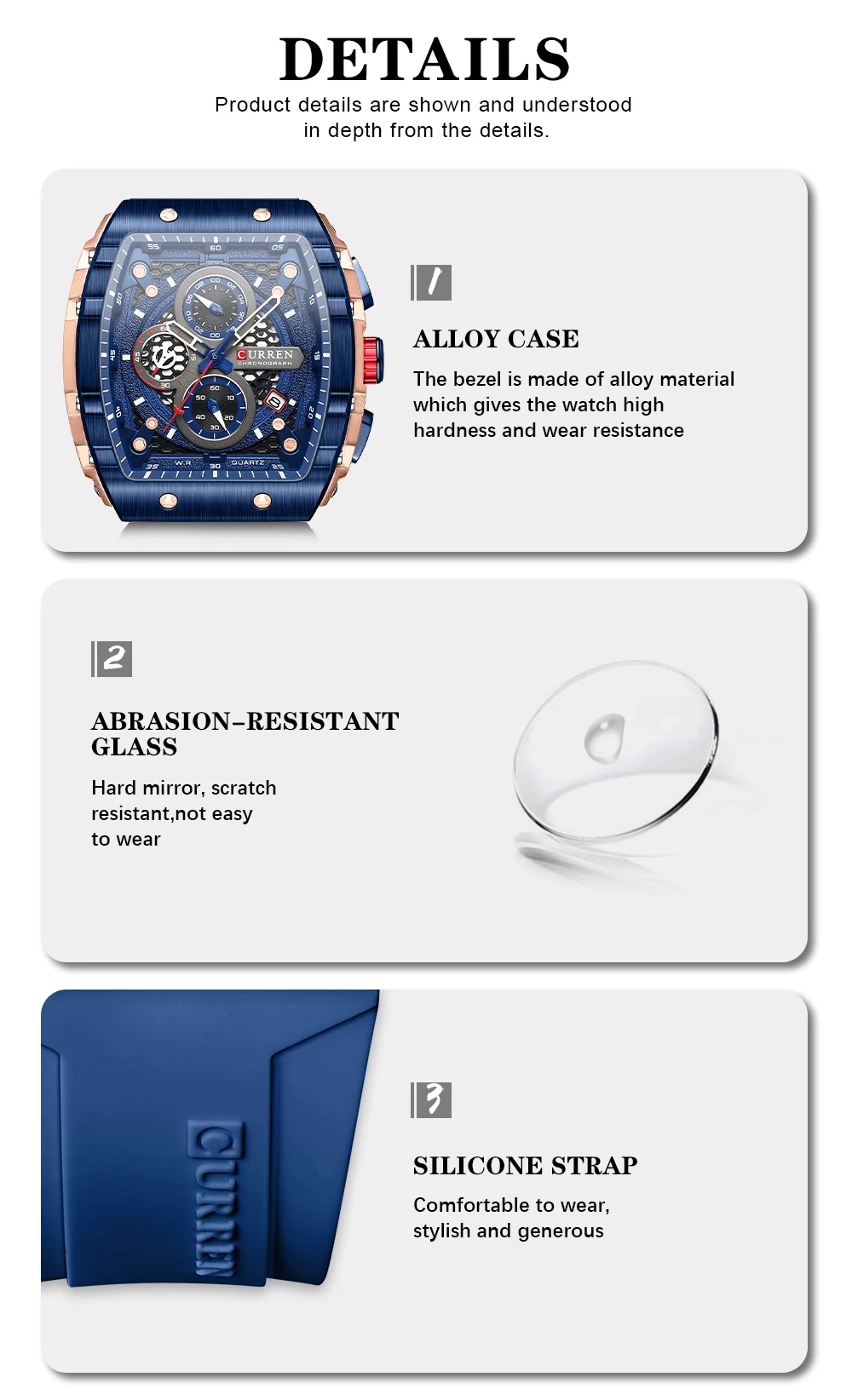Ceas Barbati CURREN 8442, Cronograf Quartz, Cadran Patrat, Curea Silicon Premium, Afisaj Zi/Data, Rezistenta la Apa 3ATM, Albastru/albastru+Cutie cadou