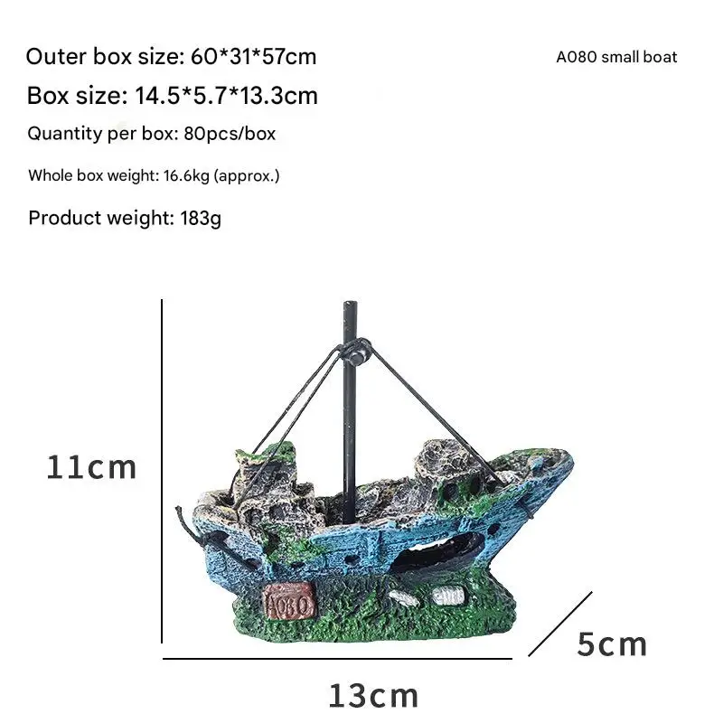 Ornament Acvariu Nava Mica A080 – Decor Nautic Sigur pentru Pesti, Ideal pentru Acvarii Tematice Marina