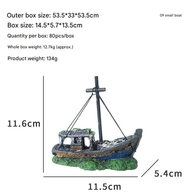 Ornament Acvariu Barca Rustica A09, decor nautic realist, rasina pictata manual, 11.5x5.4x11.6cm