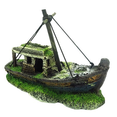 Ornament Acvariu Barca Rustica A09, decor nautic realist, rasina pictata manual, 11.5x5.4x11.6cm