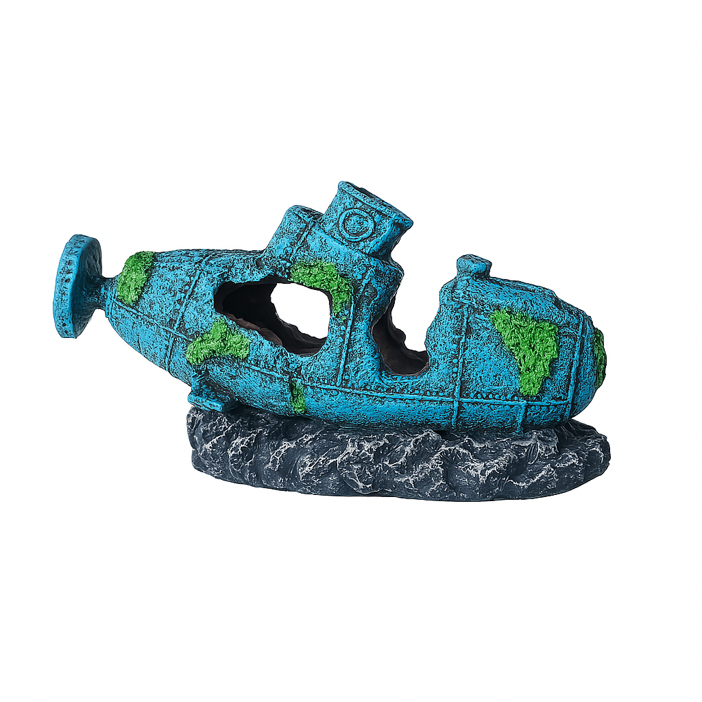 Epava Submarin Decorativ pentru Acvariu – Ornament Realist din Rasina cu Alge, Ideal pentru Pesti si Design Acvatic