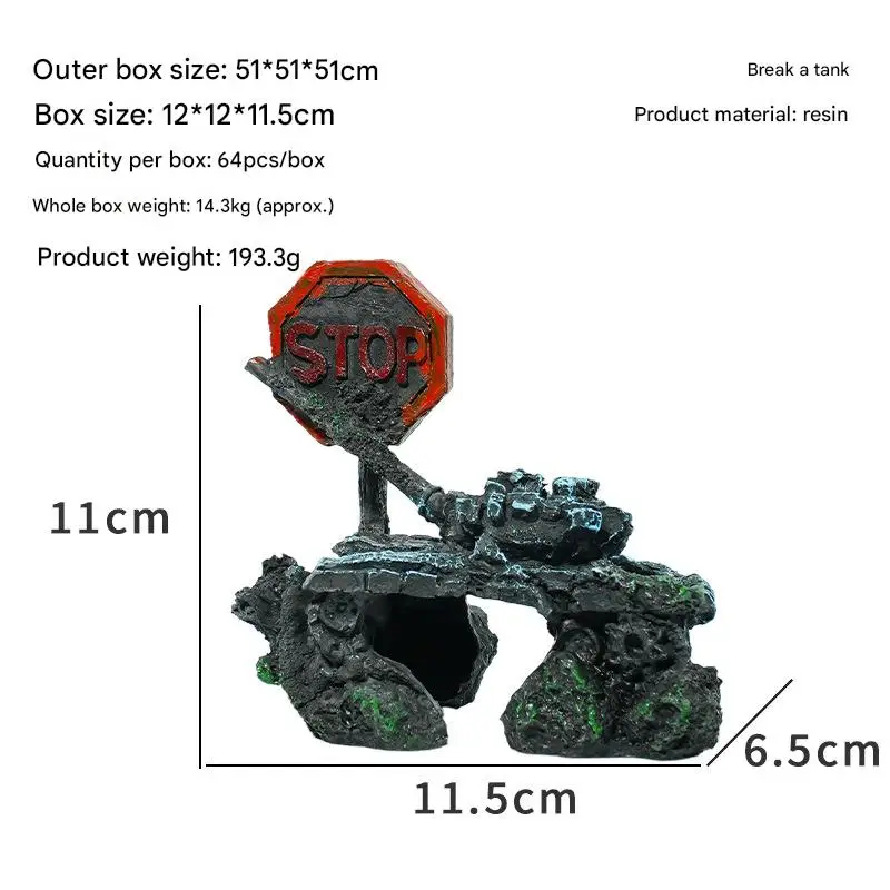 Ornament Acvariu Tanc Militar Deteriorat cu Semn STOP – Decor Realist din Rasina cu Cranii si Textura Ruginita, Accesoriu Acvaristic pentru Pesti si Aquascaping Tematic
