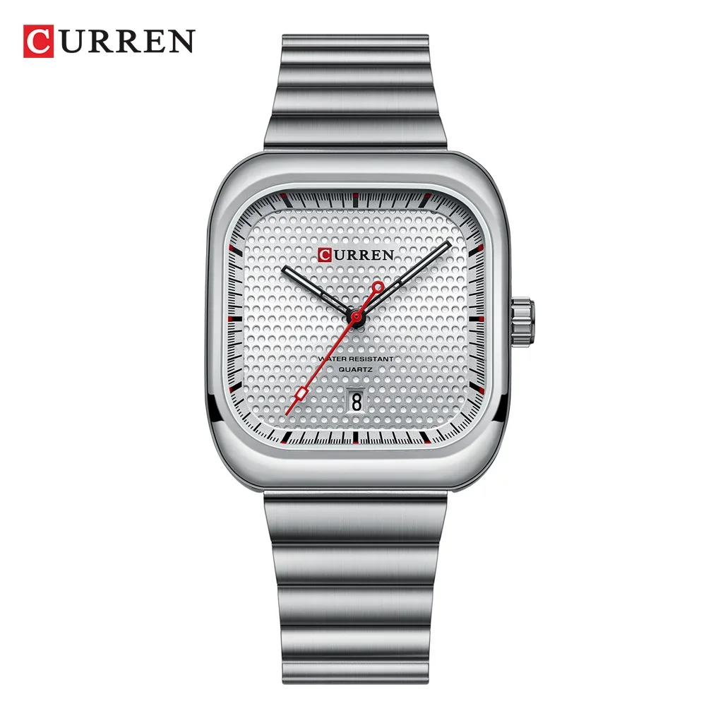 Ceas Barbati CURREN 8460, Quartz, Cadran Patrat, Bratara Inox, Afisaj Zi/Data, Rezistenta la Apa 3ATM, Argintiu/argintiu+Cutie cadou