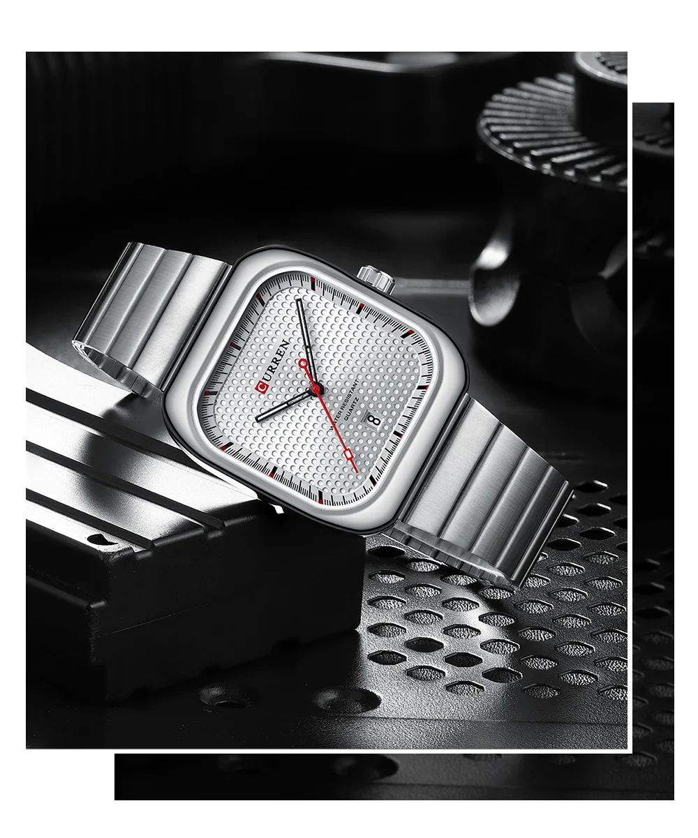 Ceas Barbati CURREN 8460, Quartz, Cadran Patrat, Bratara Inox, Afisaj Zi/Data, Rezistenta la Apa 3ATM, Argintiu/argintiu+Cutie cadou