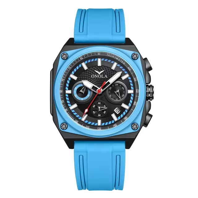 Ceas barbatesc ONOLA 6847, cronograf, quartz MIYOTA, rezistent la apa 3BAR, curea silicon, 48.5 mm, negru/albastru