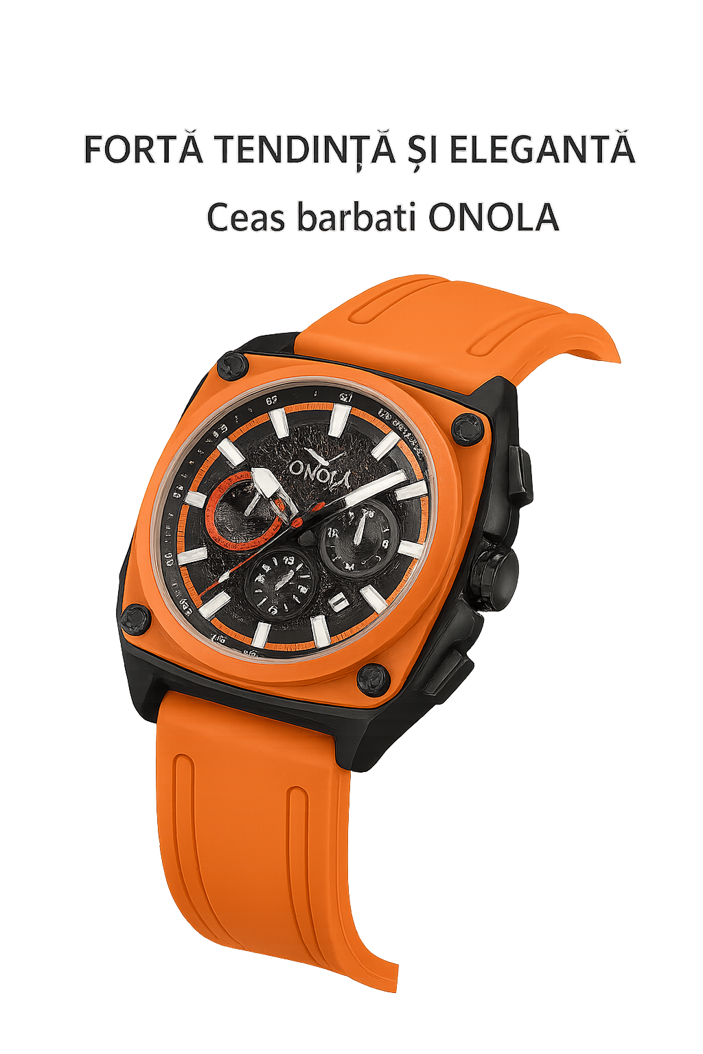 Ceas barbatesc ONOLA 6847, cronograf, quartz MIYOTA, rezistent la apa 3BAR, curea silicon, 48.5 mm, negru/negru