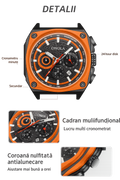 Ceas Barbati ONOLA 6847, Cronograf Quartz, Design Square Luxury Sport, Curea Silicon Premium, Afisaj Zi/Data, Orange+ Cutie cadou