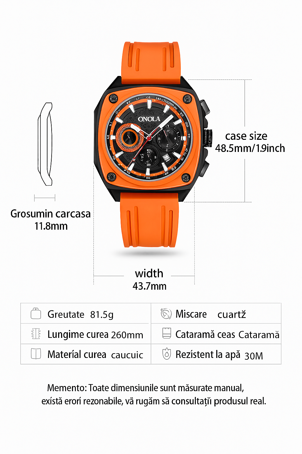 Ceas barbatesc ONOLA 6847, cronograf, quartz MIYOTA, rezistent la apa 3BAR, curea silicon, 48.5 mm, negru/negru