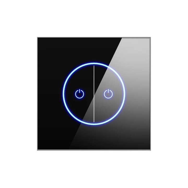 Intrerupator Smart WiFi & Bluetooth, panou din sticla, 2 gang, control Tuya/Alexa/Google, 10A, design modern, instalare usoara, Negru