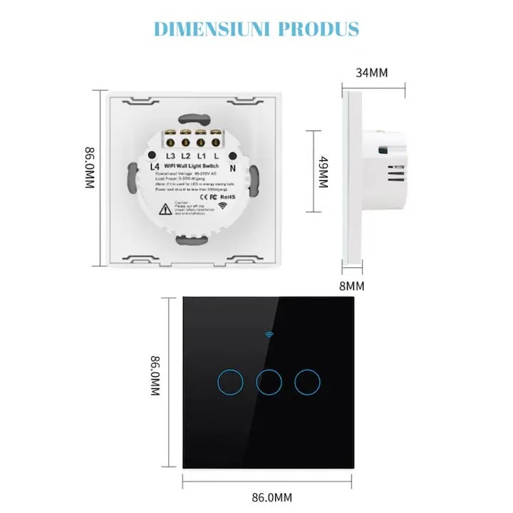 Intrerupator Smart WiFi Touch 16A – Panou din Sticla, 3 Gang, Compatibil Tuya, Alexa & Google Home, Model 118/86, Control de la Distanta, Negru