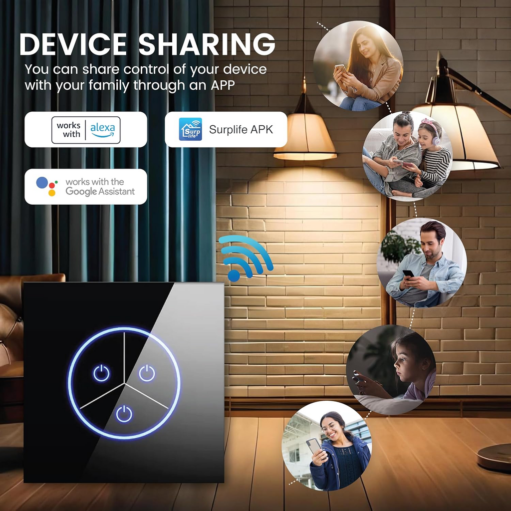 Intrerupator Smart WiFi & Bluetooth, panou din sticla, 2 gang, control Tuya/Alexa/Google, 10A, design modern, instalare usoara, Negru