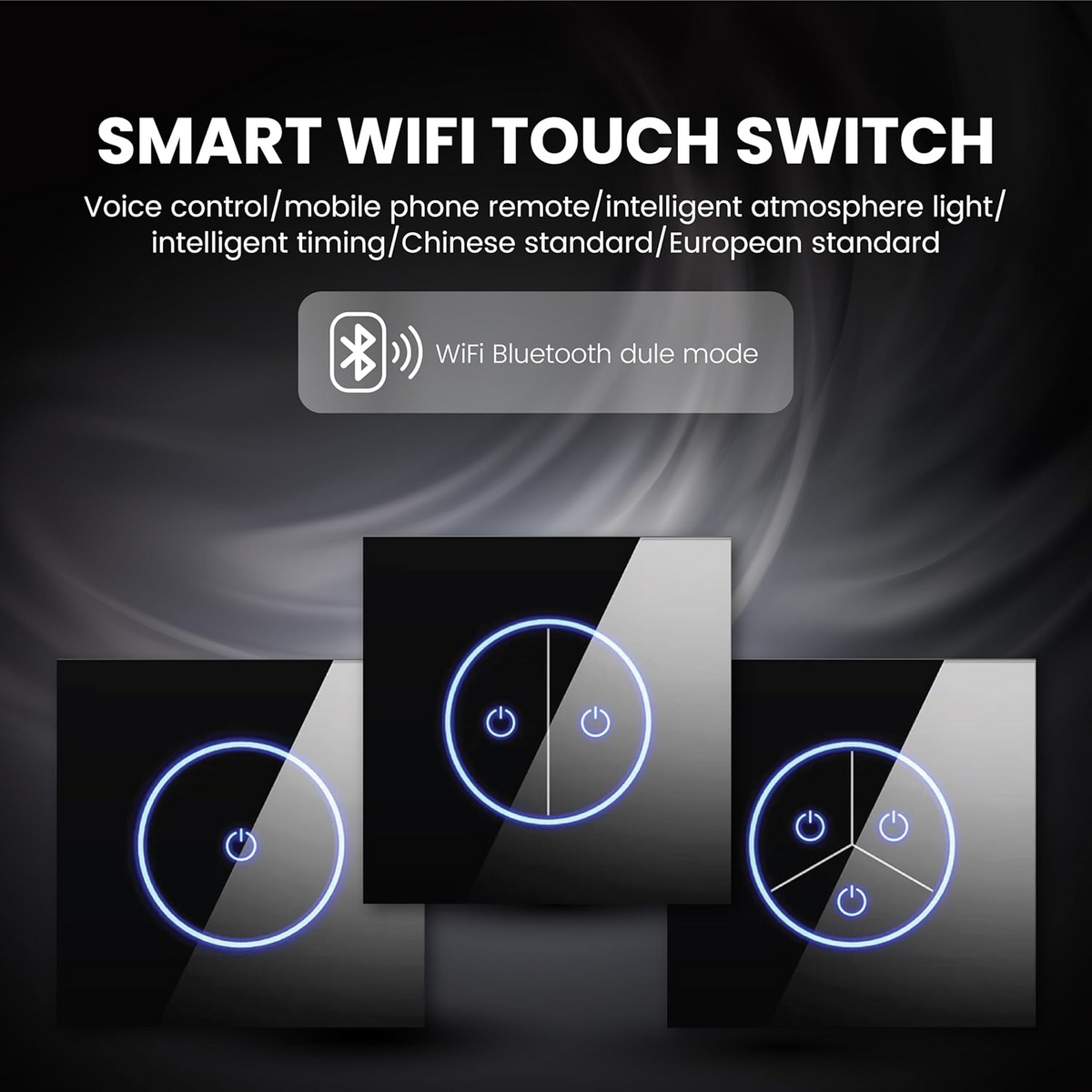 Intrerupator Smart WiFi & Bluetooth, panou din sticla, 2 gang, control Tuya/Alexa/Google, 10A, design modern, instalare usoara, Negru
