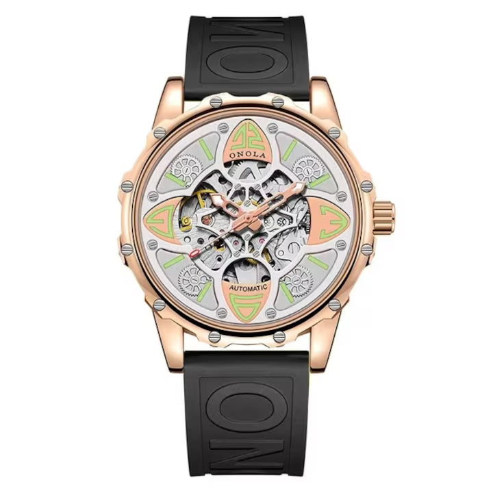Ceas Automat Skeleton ONOLA 3833 – Eleganta Exclusivista | Rose Gold & Silicon Negru+Cutie cadou