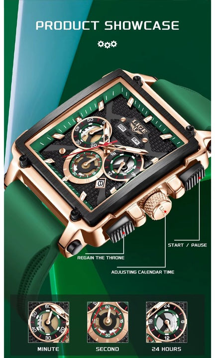 Ceas Barbatesc LIGE 2025 Square Chronograph Verde – Cadran Dreptunghiular, Zi/Data, Curea Silicon, Stil Sport‑Elegant + cutie cadou