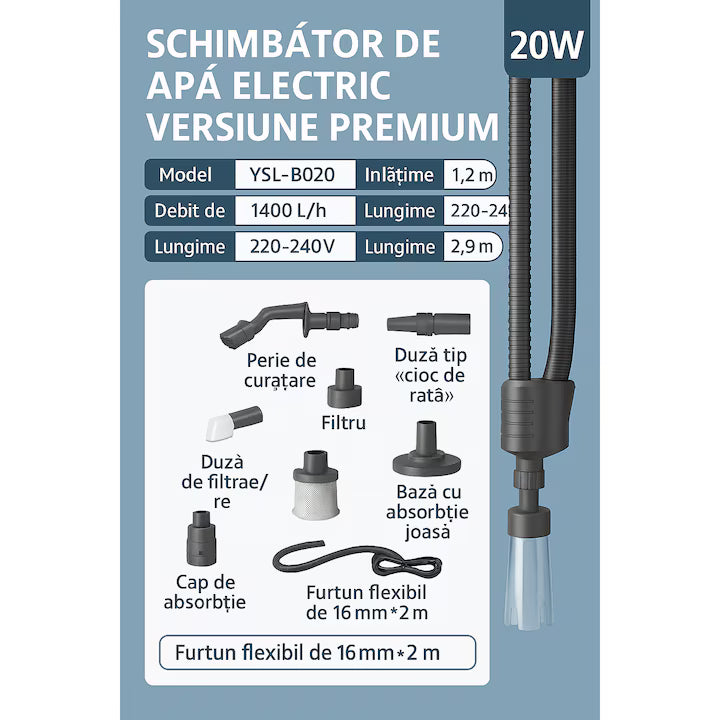 Pompa Electrica Acvariu YEE YSL‑B020 – 20W, Debit 1400 L/h, Schimb Automat de Apa, Curatare Substrat, Silentioasa