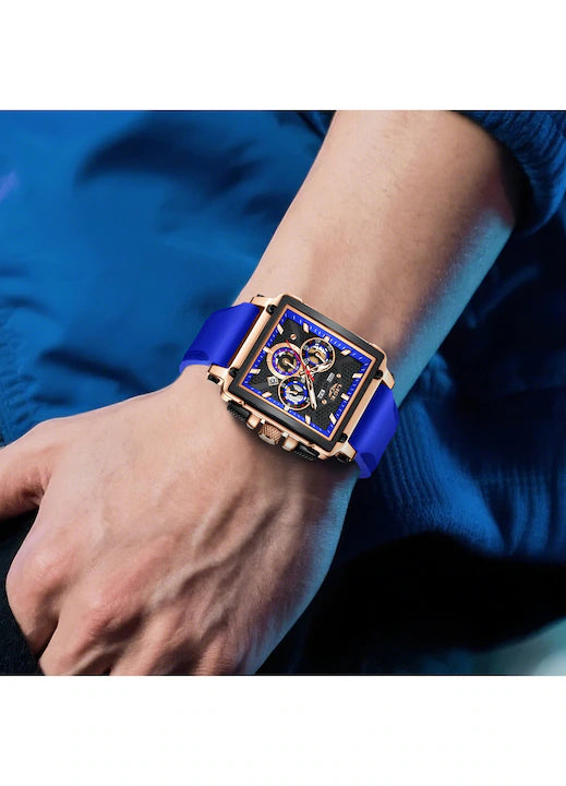 Ceas Barbatesc LIGE 2025 Square Chronograph Albastru – Cadran Dreptunghiular, Zi/Data, Curea Silicon, Stil Sport‑Elegant + cutie cadou