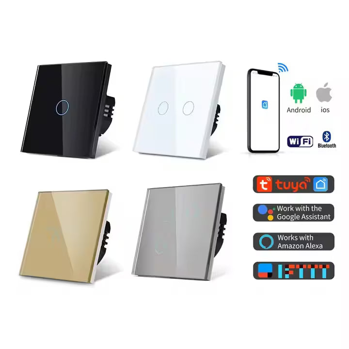 Intrerupator smart, Tuya Smart Life, Home Light Switch, control vocal APP, wi-fi 2, 4GHz+bluetooth, N+L, 2 butoane, compatibil Alexa si Google assistant, sticla securizata, auriu