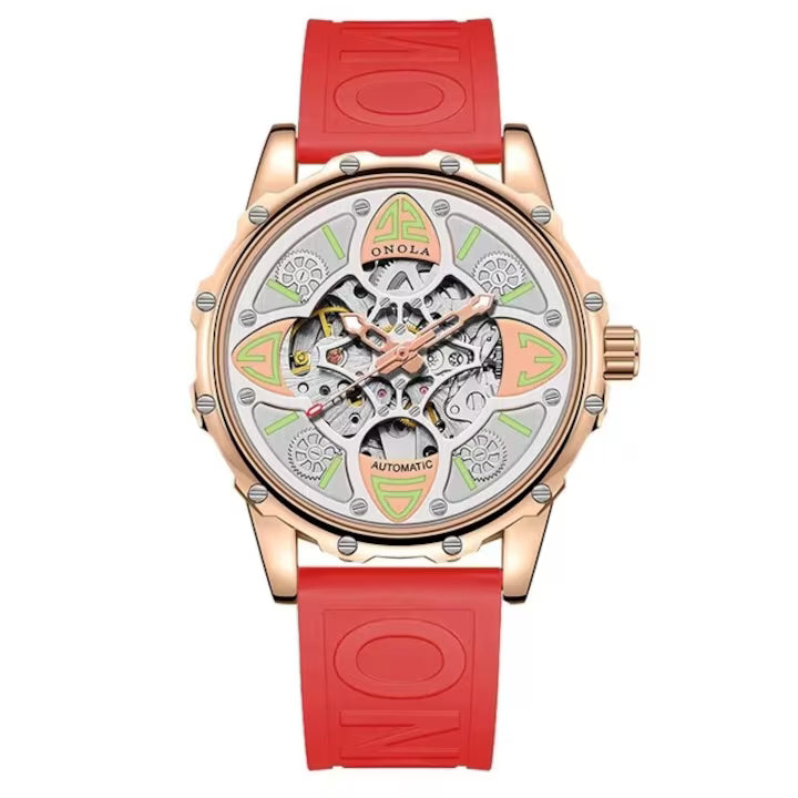 Ceas Automat Skeleton ONOLA 3833 – Eleganta Exclusivista | Rose Gold & Silicon Rosu+Cutie cadou