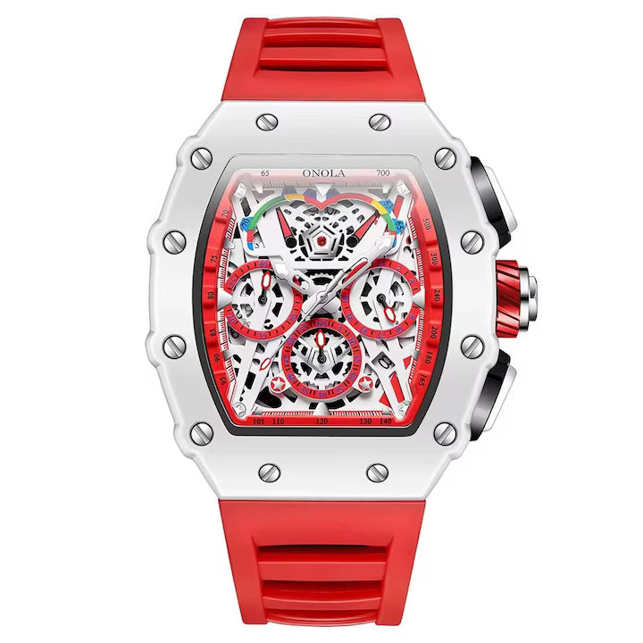 Ceas Barbati ONOLA 6827W, Luxury Sport, Cadran Skeleton Tonneau, Quartz, Curea Silicon Premium, Afisaj Zi/Data, Rosu+Cutie cadou