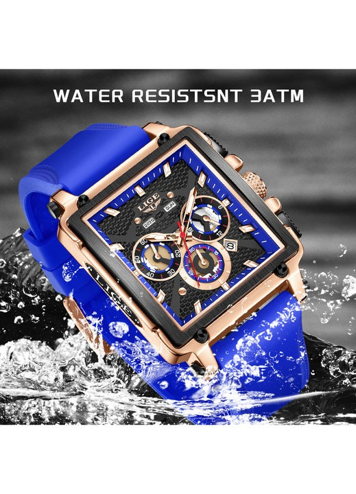 Ceas Barbatesc LIGE 2025 Square Chronograph Albastru – Cadran Dreptunghiular, Zi/Data, Curea Silicon, Stil Sport‑Elegant + cutie cadou