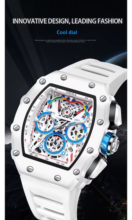 Ceas Barbati ONOLA 6827W, Luxury Sport, Cadran Skeleton Tonneau, Quartz, Curea Silicon Premium, Afisaj Zi/Data, Alb+Cutie cadou