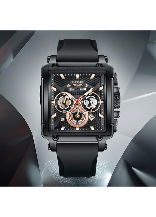 Ceas Barbatesc LIGE 2025 Square Chronograph Negru – Cadran Dreptunghiular, Zi/Data, Curea Silicon, Stil Sport‑Elegant + cutie cadou