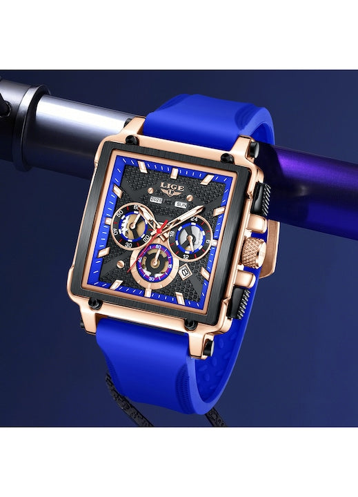 Ceas Barbatesc LIGE 2025 Square Chronograph Albastru – Cadran Dreptunghiular, Zi/Data, Curea Silicon, Stil Sport‑Elegant + cutie cadou