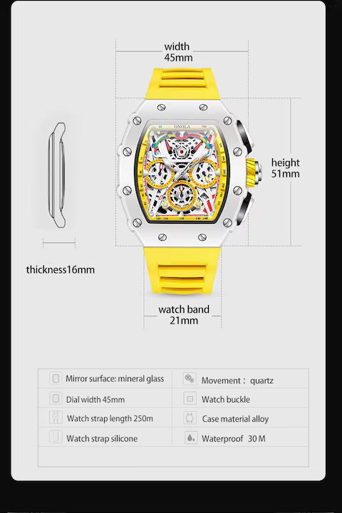 Ceas Barbati ONOLA 6827W, Luxury Sport, Cadran Skeleton Tonneau, Quartz, Curea Silicon Premium, Afisaj Zi/Data, Galben+Cutie cadou
