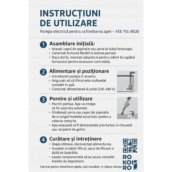 Pompa Electrica Acvariu YEE YSL‑B020 – 20W, Debit 1400 L/h, Schimb Automat de Apa, Curatare Substrat, Silentioasa