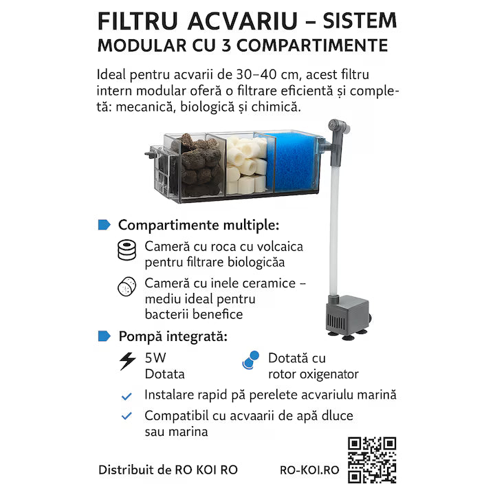 Filtru Intern Modular Acvariu – 3 Compartimente, 5W, Silentios, Oxigenator Integrat, Ideal pentru Acvarii 30–40 cm