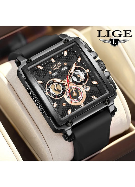 Ceas Barbatesc LIGE 2025 Square Chronograph Negru – Cadran Dreptunghiular, Zi/Data, Curea Silicon, Stil Sport‑Elegant + cutie cadou