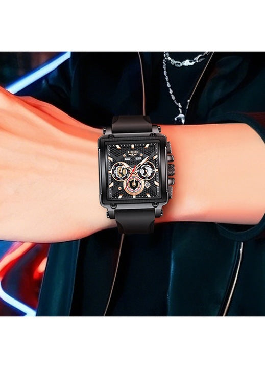 Ceas Barbatesc LIGE 2025 Square Chronograph Negru – Cadran Dreptunghiular, Zi/Data, Curea Silicon, Stil Sport‑Elegant + cutie cadou