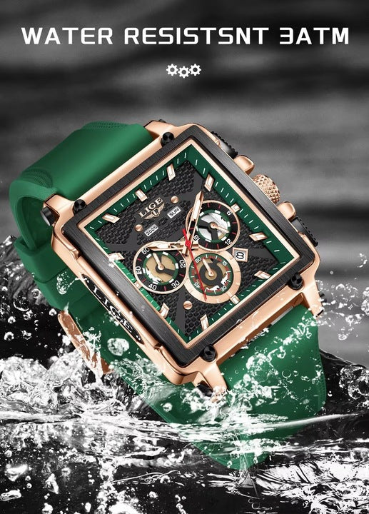 Ceas Barbatesc LIGE 2025 Square Chronograph Verde – Cadran Dreptunghiular, Zi/Data, Curea Silicon, Stil Sport‑Elegant + cutie cadou