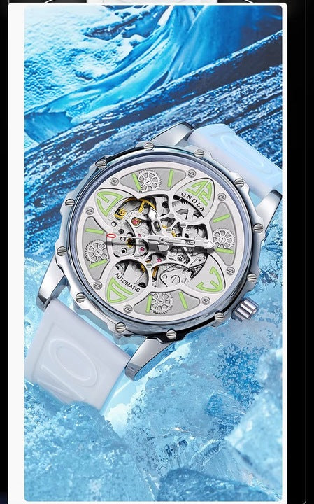 Ceas Automat Skeleton ONOLA 3833 – Eleganta Exclusivista | Argintiu & Silicon Alb+Cutie cadou
