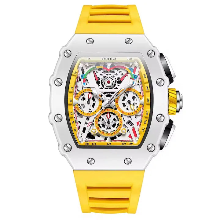 Ceas Barbati ONOLA 6827W, Luxury Sport, Cadran Skeleton Tonneau, Quartz, Curea Silicon Premium, Afisaj Zi/Data, Galben+Cutie cadou