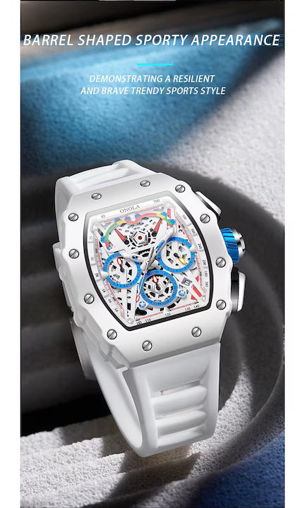 Ceas Barbati ONOLA 6827W, Luxury Sport, Cadran Skeleton Tonneau, Quartz, Curea Silicon Premium, Afisaj Zi/Data, Alb+Cutie cadou