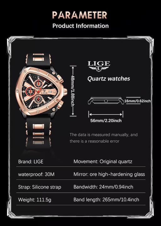 Ceas Barbati LIGE LG89103 Triunghiular – Cronograf, 3BAR, Otel Inoxidabil, Stil Modern & Lux-Auriu rose/negru