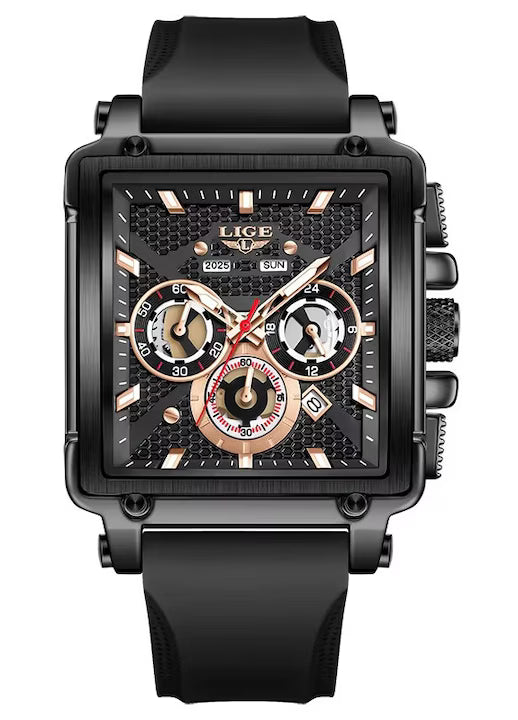 Ceas Barbatesc LIGE 2025 Square Chronograph Negru – Cadran Dreptunghiular, Zi/Data, Curea Silicon, Stil Sport‑Elegant + cutie cadou